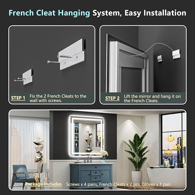 32x32 LED Bathroom Mirror with Lights, Backlit and Front Lit, Anti-Fog Lighted Vanity Mirrors for Bathroom Wall, Dimmable, 3-Color Light, Memory, Shatter-Proof, HD Tempered Glass, CRI>90