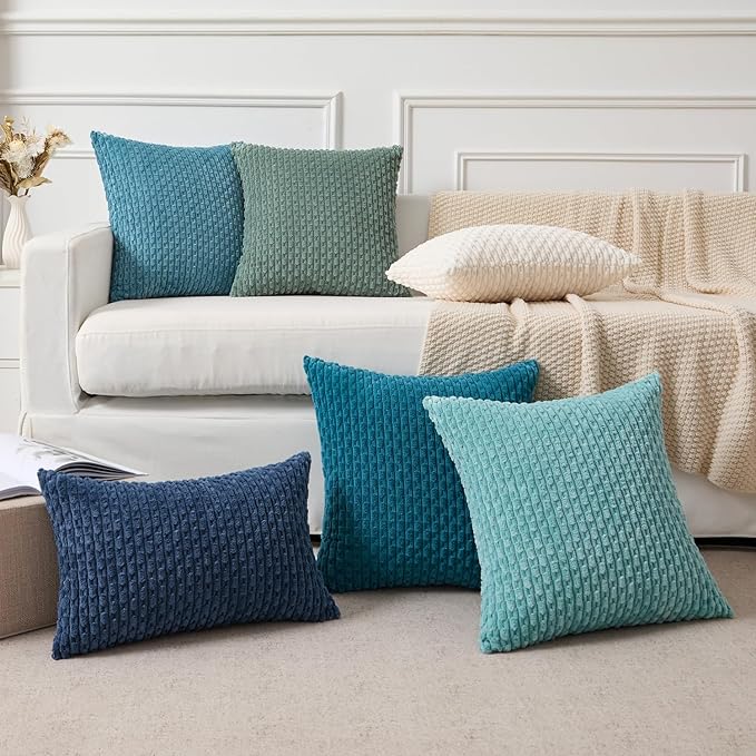 Kevin Textile Decorative Pillow Covers Set of 2 Striped Plush Corduroy Pillows Pillowcases Boho Home Decor Cushion Covers for Couch Sofa Bed Living Room 26x26 Inch, Teal Green