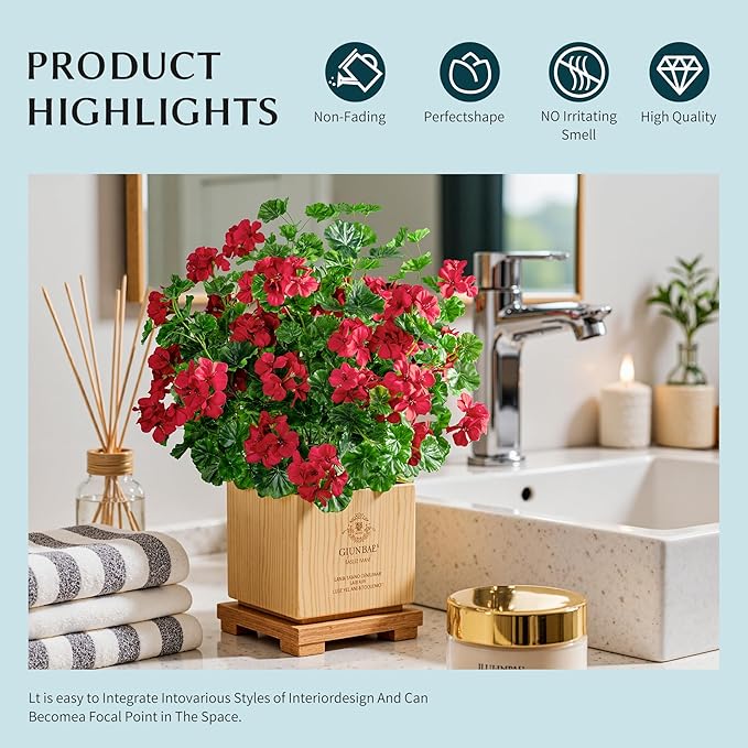 Artificial Flowers for Outdoors 17.7In Artificial Geraniums for Indoor Fake Flowers Uv Resistant Artificial Outdoor Flowers Suitable for Indoor Home Decoration Outdoor Garden Decor 8PCS,Red