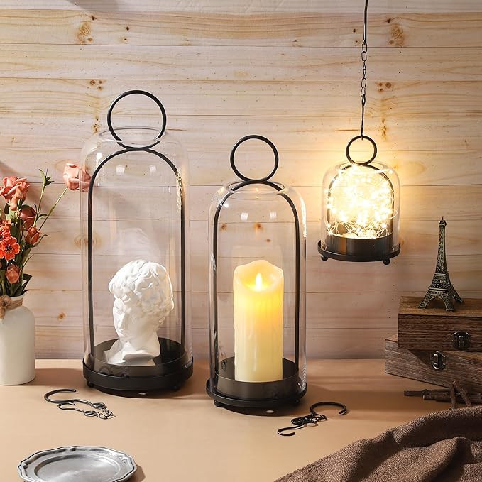 16" High Versatile Modern Metal Hurricane Lantern with Handmade Sturdy Glass Dome in Black for Pillar Candle & Plants, Industrial, Farmhouse, Shabby Chic (Black, 6.3:x16.5)