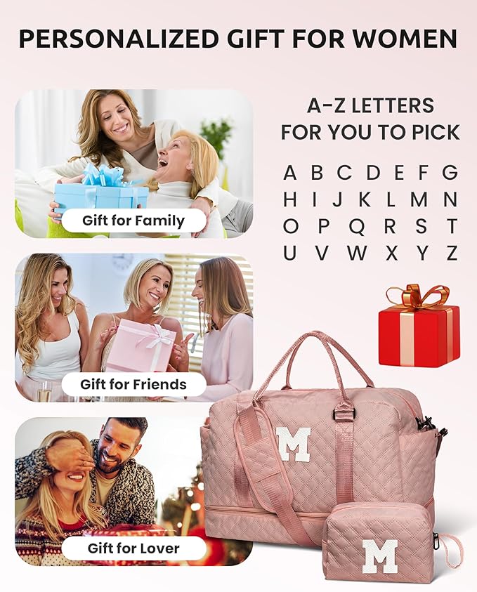 Vogewood Preteen Gifts, Travel Bags for Girls, Initial Duffle Bag with Shoe Compartment, Kids Weekender Bag with Shoulder Strap, Overnight Bag for Women,Travel Bag with Makeup Bag (Letter E)