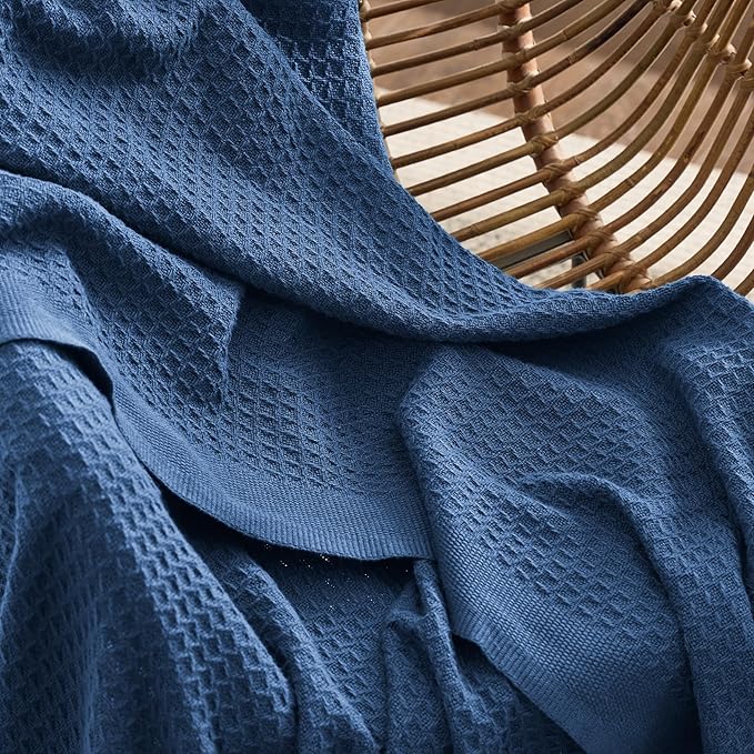 Bedsure Gentlesoft 100% Cotton Large Blanket Oversized King for Bed - Breathable Thick Waffle Weave Blanket for Summer, Couch Cover, Navy, 120x94 inches
