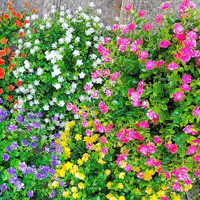 12 Bundles Artificial Flowers for Outdoors, UV Resistant Fake Flowers with Plastic Plants, Faux Flowers for Outside Window Box Front Porch Hanging Planter Decor (Pink)