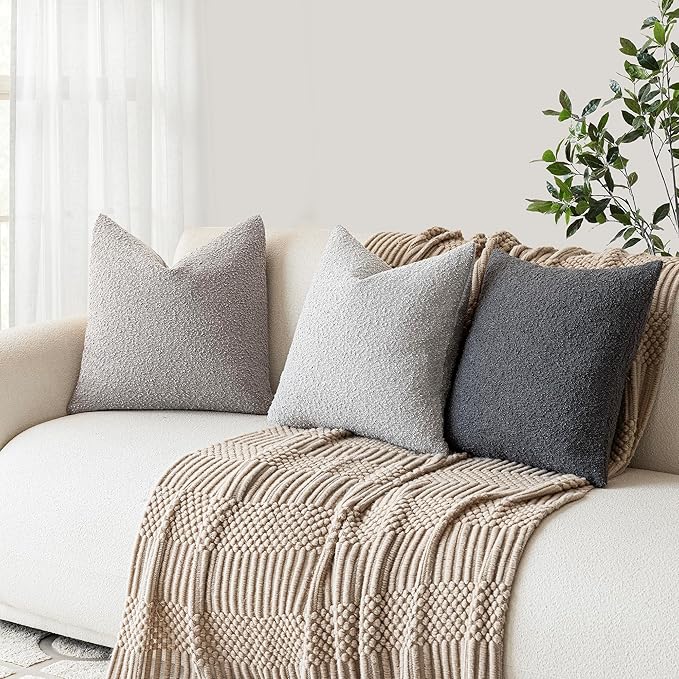 Foindtower Textured Boucle Throw Pillow Covers Accent Solid Pillow Cases Cozy Soft Decorative Couch Cushion Case for Chair Sofa Bedroom Living Room Home Decor, 20 x 20 Inch,Neutral Grey