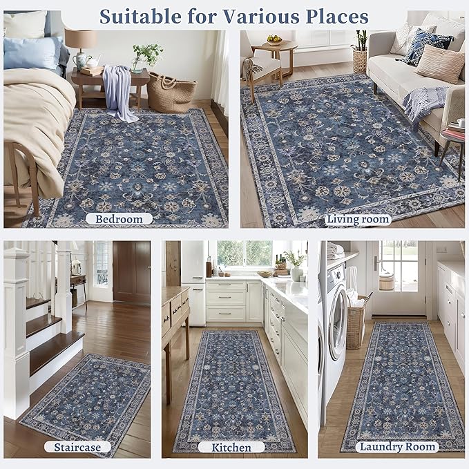 Tangsoo 2x6 Washable Runner Rug for Hallway, Non Slip Boho Vintage Floral Rug Runner for Kitchen Entryway, Distressed Blue Black Floor Carpet Soft Low Pile Indoor Mat for Bedroom Bathroom Laundry