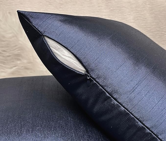 Aiking Home Collection 26x26 Inches Faux Silk Square European Shams, Zipper Closure, Navy (Set of 2)