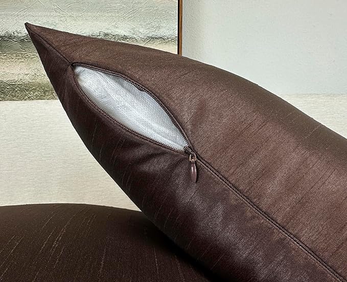 Aiking Home 24x24 Inches Faux Silk Square European Shams, Zipper Closure, Brown (Set of 2)