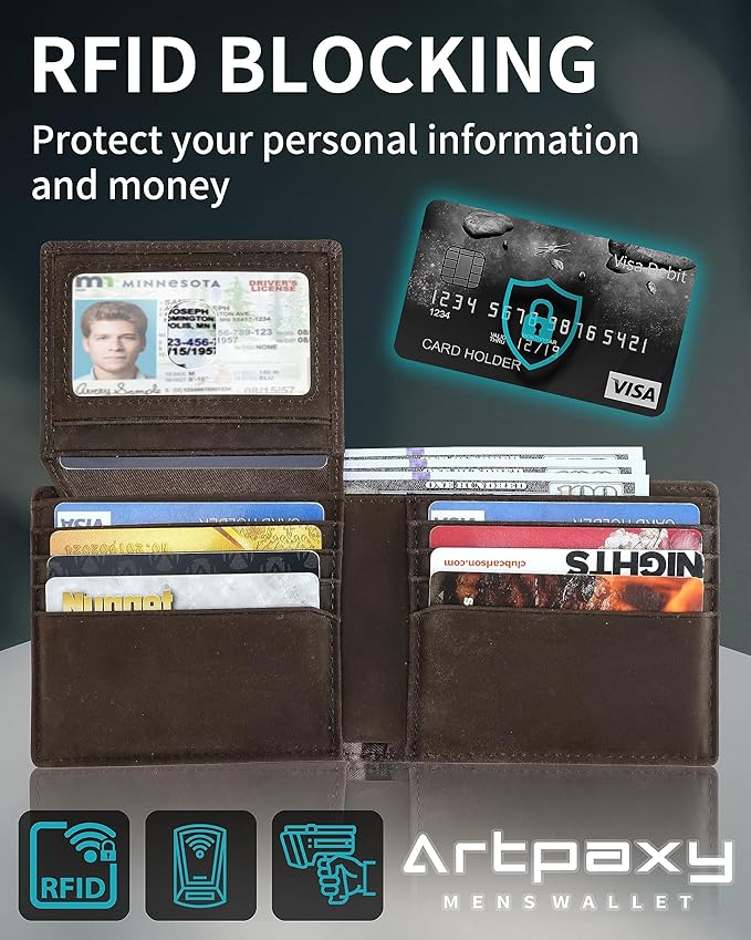 Artpaxy Mens Wallet Bifold Genuine Leather RFID Blocking Wallet for Men with 2 ID Windows 12 Card Holders 2 cash pockets 1 Gift Box