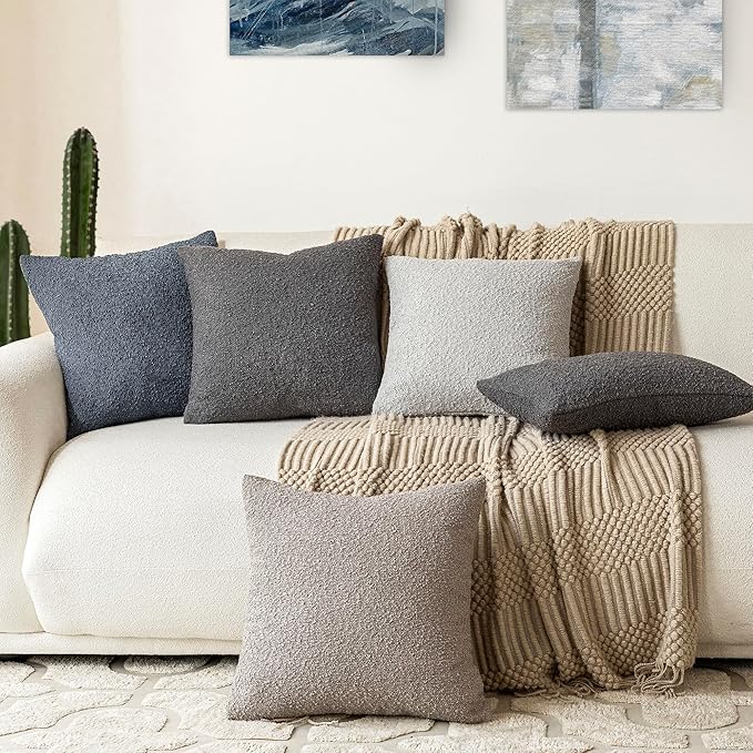 Foindtower Decorative Textured Boucle Throw Pillow Covers Accent Solid Pillow Cases Neutral Soft Cozy Couch Cushion Case for Chair Sofa Bedroom Living Room Home Decor 24 x 24 Inch,Dark Grey