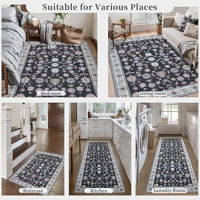 Tangsoo Washable Runner Rug for Hallway Non Slip, 2.6x8 Boho Floral Vintage Carpet Runner Rugs for Entryway, Floor Low Pile Runners for Kitchen Bathroom Laundry Bedroom Alfombra Black Red Farmhouse