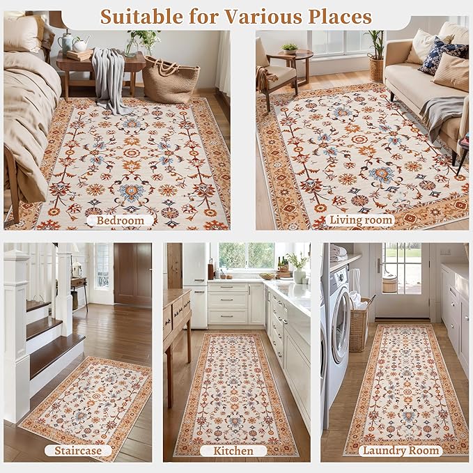 Tangsoo Washable Runner Rug for Hallway Non Slip, 2x6 Boho Floral Vintage Carpet Runner Rugs for Entryway, Floor Low Pile Runners for Kitchen Bathroom Laundry Bedroom Alfombra Orange Farmhouse