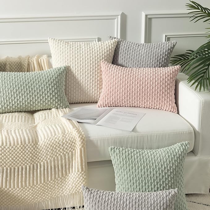 Kevin Textile Pack of 2 Corduroy Decorative Throw Pillow Covers 12x20 Inch Valentine' s Day Soft Boho Striped Pillow Covers Modern Home Decor Gifts for Spring Sofa Living Room Couch Bed Light Pink