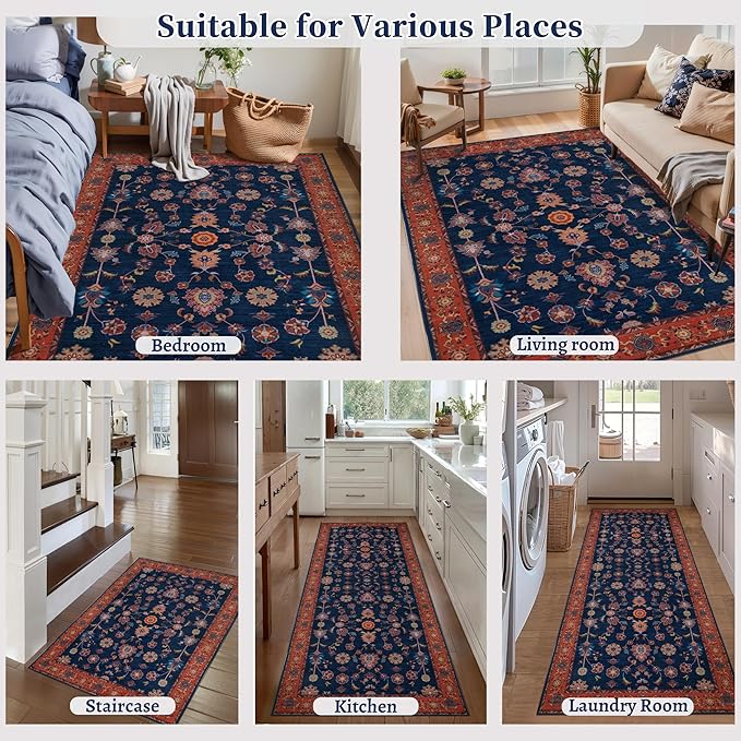 Tangsoo Floral Area Rug 6x9 Machine Washable Red Blue Rug Non-Slip Vintage Distressed Boho Print, Low Pile Carpet for Living Room, Bedroom, Dining Room, Pet & Child Friendly (Red Blue)