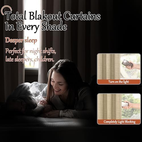Lajode Blackout Curtains 54 Inch Length 2 Panels for Bedroom, Thermal Insulated Total Light Blocking Noise Reducing Linen Window Curtains for Farmhouse, Bronze Grommet, Burlap, Each 52" Wide