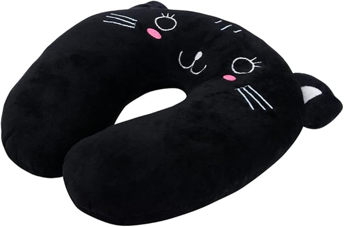 EKDJKK Travel Pillow for Kids, Cute Animal Neck Pillow Support U Shaped Cushion Plush Soft Rest Reading Pillow Sleeping Pillow for Airplane Train Car (Black Cat)