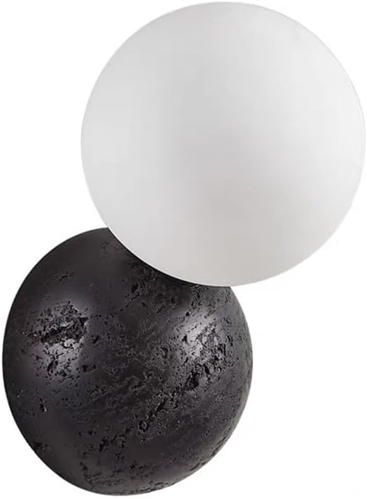 Modern Black Travertine Wall Sconce Glass Globe Shade Nordic Minimalist Wall Lamp Natural Volcanic Stone Sphere Wall Light for Bedside Hallway Home Decor Lighting