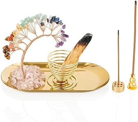 ZenBless 7 Chakra Healing Crystal Tree Incense Holder Palo Santo Sage Burner Brass Ash Catcher for Incense Sticks Coil Cones Yoga Meditation Zen Spiritual Room Home Decoration (Oval)