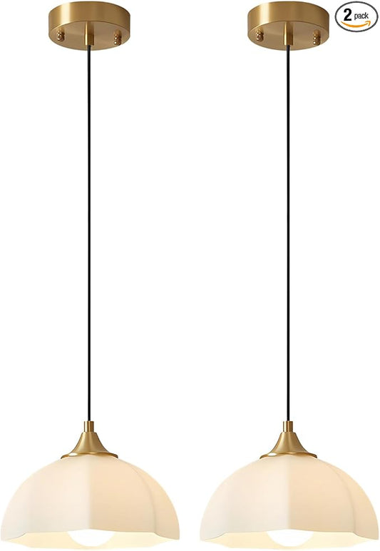 Milk Glass Pendant Light Kitchen Island 2 Pack Mid Century Brushed Gold Dome Ceiling Hanging Light Fixtures Retro Hanging Lamp Set of 2 MPL17-2 GD