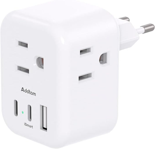 European Travel Plug Adapter, Addtam International Power Adapter with 3 Outlets 3 USB Charging Ports(2 USB C), Type C Adapter Travel Essentials to Most Europe EU Spain Italy France
