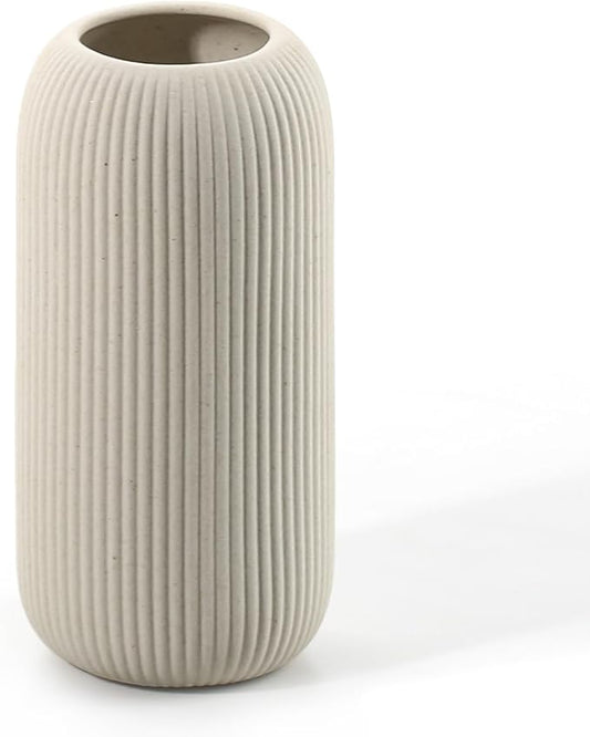 Bohemian Beige Ceramic Vase - for Pampas Grass, Mantel, Bookshelf, Entryway and Living Room Decor (Beige, 8in-Pill)
