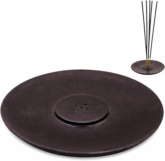 Handmade Marble Incense Holder - Round Incense Burner with Multiple Holes for Incense Sticks. Decorative Ash Catcher for Home and Office Decor. (4 inch Diameter, Black)