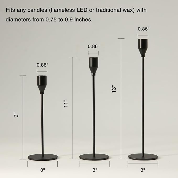 Solid Iron Taper Candle Holders Set of 6 - Modern Matte Black Candlesticks (9/11/13 Inch), Weighted & Rust-Proof Metal Candle Stand for Fireplace Table Centerpiece
