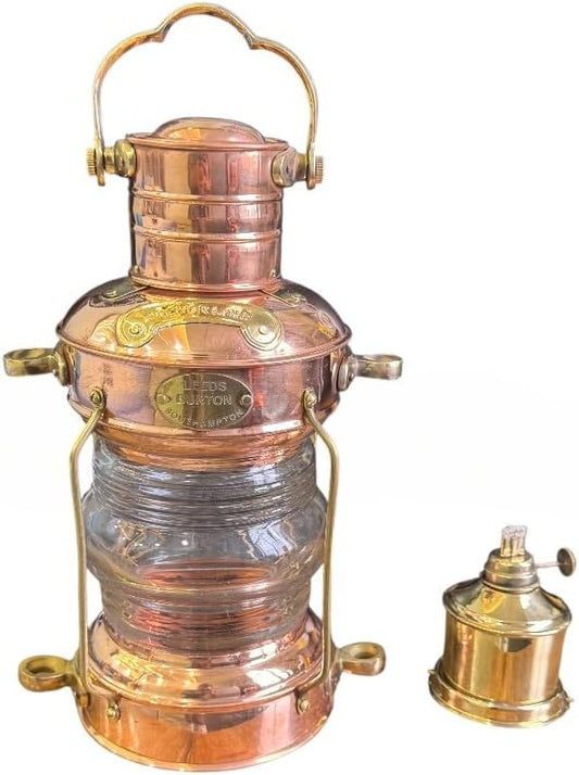 Antique Marine Brass Copper Lantern – Vintage Ship Oil Lamp with Clear Glass Lens for Nautical Home Décor, Collectors & Maritime Display