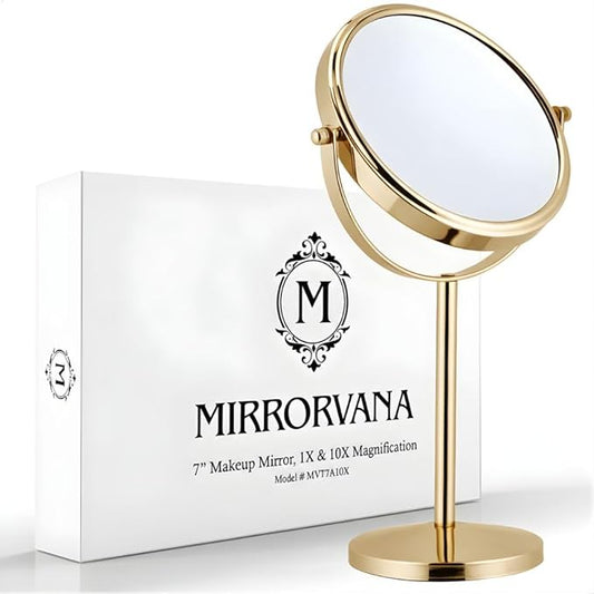MIRRORVANA 10X Magnifying Makeup Mirror on Round Stand for Tabletop, Bedroom Vanity Desk and Bathroom Counter - Free Standing Double Sided 10X/1X Magnification Mirror - 7" Wide and 14" Tall (Gold)