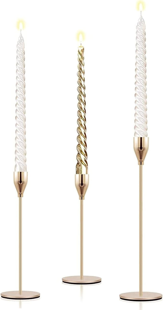Gold Candle Holders Set of 3 Taper Candlestick Holders Vintage Metal Brass Modern Tall Pillar Mantle Candle Stand Decorative Candle Sticks Long Holders for Table Centerpiece Wedding Party Dinning