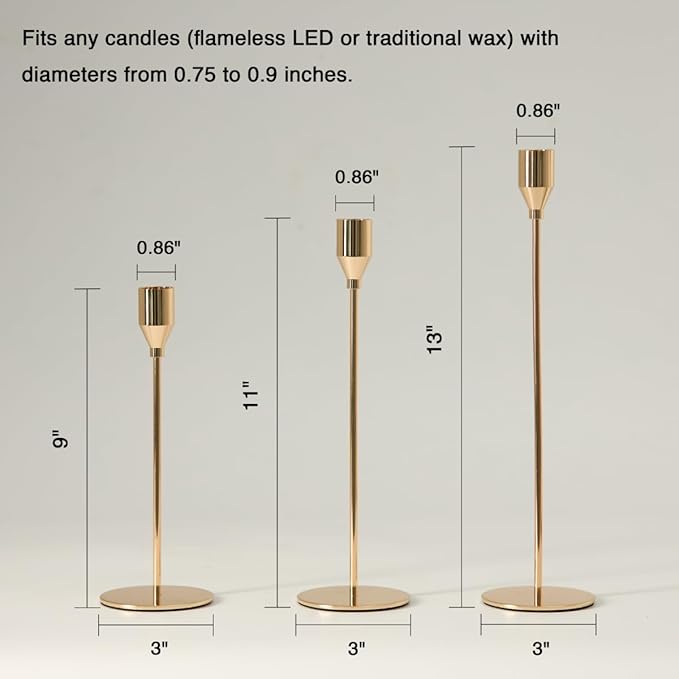Solid Taper Candle Holders Set of 15 Bulk, Champagne Gold Long Skinny Candlestick (Heights: 9/11/13 Inch), Heavy Iron Anti-Slip Base for Fireplace Mantle Table Centerpiece Christmas Decor