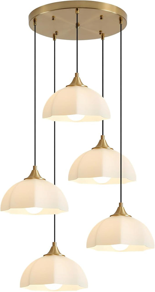 Modern 5 Light Brushed Gold Pendant Lighting Mid Century Milk Glass Cluster Pendant Lights Kitchen Island Adjustable Brass Hanging Chandelier Vintage White Ceramic Light Fixture MPL17-5R GD