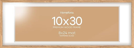 Homeforia 10x30 Wood Frame, High End Natural Oak 10x30 Light Wooden Picture Frame with Mat 8x24, 10 x 30 Poster Frames Matted to 8 by 24 Print, 30x10 Hanging Frames, Tempered Glass, Wall Kit, Set of 1
