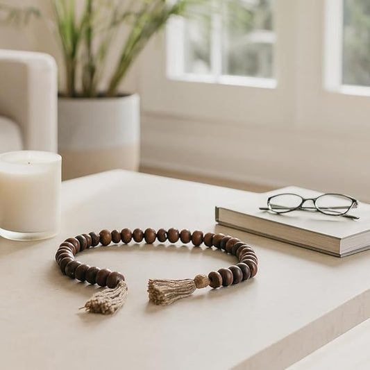 Sagebrook Home Rustic Wood Bead Garland with Jute Tassels - Decorative Farmhouse Beads for Coffee Table, Shelf, or Mantel - Natural Boho Accent for Home Décor - 1.25" Natural/Brown