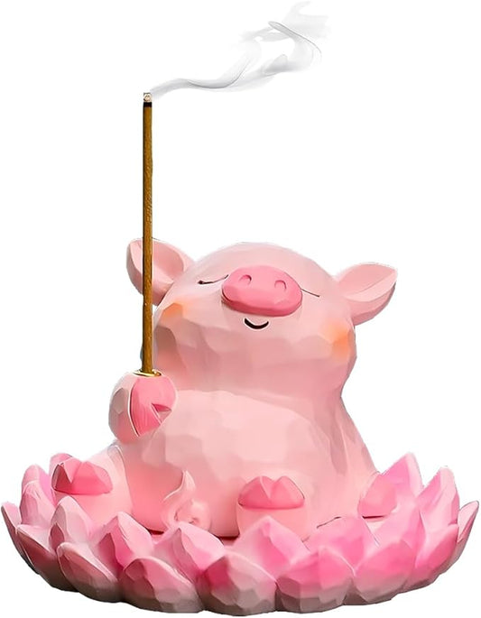 Lotus Incense Holder Pink Pig Cute Animal Figurine Incense Burner Flower Stand Ash Catcher Creative Cartoon Resin Siamese Cat Statue for Home Room Decor Meditation Yoga Spa
