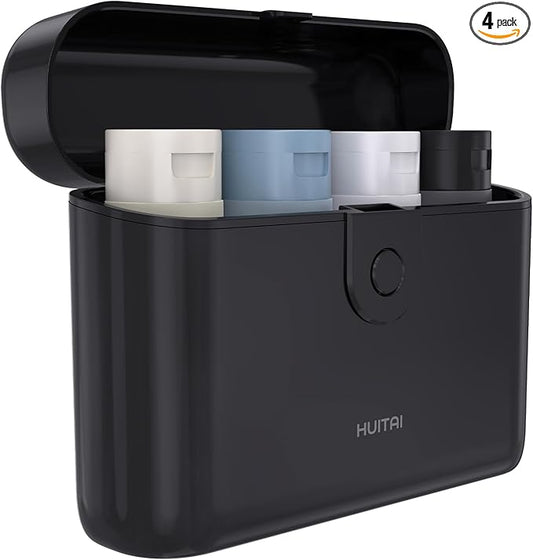 Travel Bottles with Case, 4x2oz TSA Approved, Leak-Proof, Press to Unlock, Compact & Portable Travel Toiletries (Black)