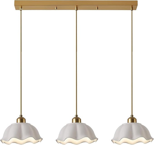 3-Light Hanging Pendant Light Fixtures Gold Kitchen Island Lighting Vintage Milk Glass Light Adjustable White Wave Ceramic Hanging Ceiling Light Nordic Retro Ceiling Lamp MPL11-3S GD