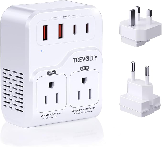 2000W Voltage Converter US to Europe for Hair Dryers, 7-in-1 220V to 110V Converter for European Travel with 3 AC/2 USBA/2 USBC Ports (PD20W), Universal Travel Adapter with Type C G Plug
