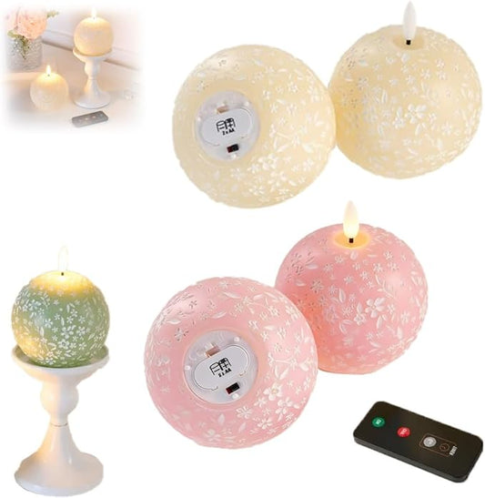 Flameless Spring Carved Spheres, Flameless LED Candles with Remote Control & 6-Hour Timer, Carved Sphere Design for Romantic Ambiance, Cozier Glow Candles for Valentine's Day, Wedding