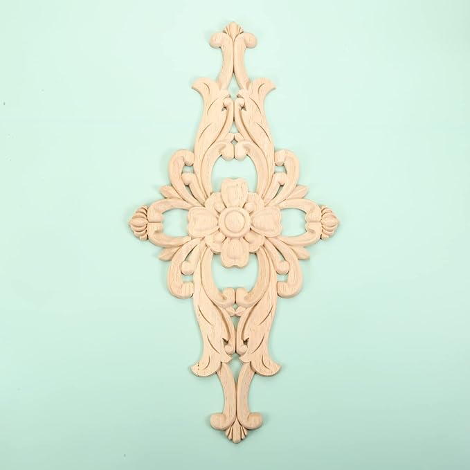MUXSAM Wood Carved Appliques Furniture Decorative Onlays, 1Pc Unpainted DIY Center Carving Decal for Door Wall Ceiling Cabinet Dresser Mirror Bed Mantel Bench Decoration, 32x16cm/12.6"x6.3"