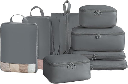 8-Piece Travel Compression Packing Cubes Set - Luggage Organizers for Suitcases - Space Saving Storage Bags for Clothes Travel Essentials (Gray)
