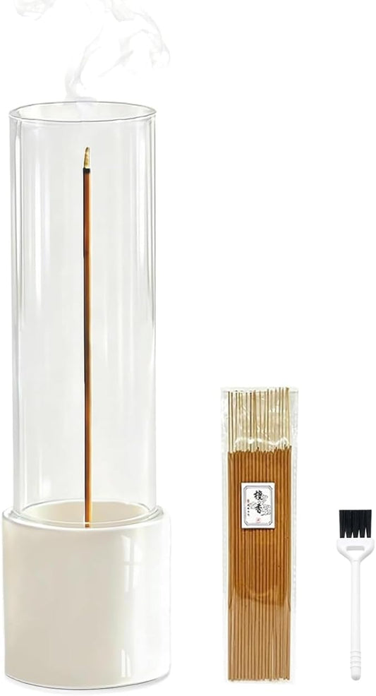 CEREMONY Incense Holder, Ceramic Incense Holder for Sticks with Glass Ash Catcher, Anti-ash Incense Burner with 20 Incense Sticks and a Ash Brush for Meditation Yoga Spa Room Decor