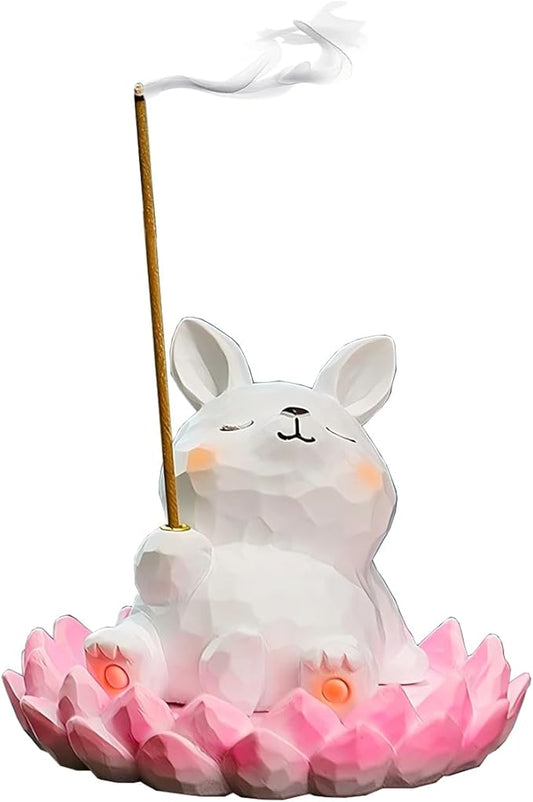 Lotus Rabbit Incense Holder Cute Animal Figurine Incense Burner Flower Stand Ash Catcher Creative Cartoon Resin Rabbit Statue for Home Room Decor Meditation Yoga Spa
