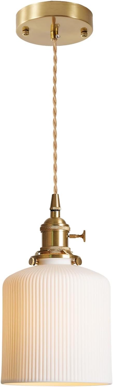 Modern Farmhouse Mini Pendant Light with White Ceramic Cylindrical Shade, Brass E26 Socket with On/Off Switch, Hardwired Hanging Lamp for Vanity, Kitchen Sink Lighting Bar Counter