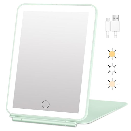 FUNTOUCH Rechargeable Travel Makeup Mirror with Lights, Portable 72 Led Lighted Makeup Mirror, 3 Color Lighting, Dimmable Touch Screen, Type C, Tabletop LED Folding Cosmetic Vanity Mirror