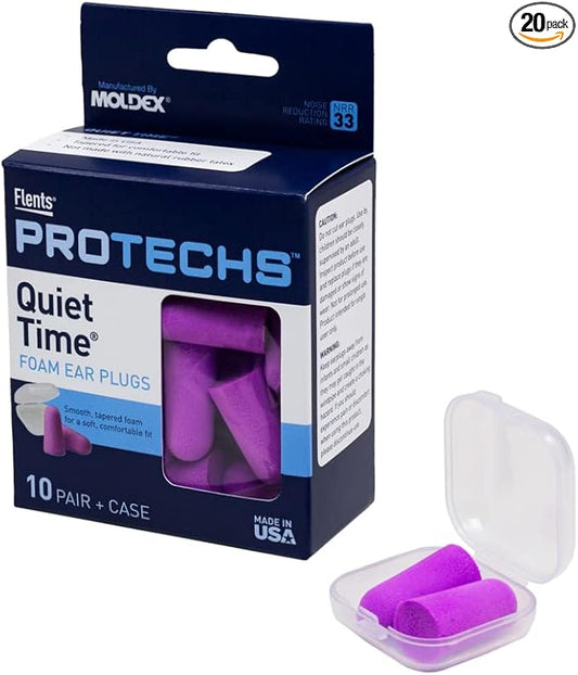 Flents Protechs Foam Ear Plugs, 10 Pair with Case for Sleeping, Snoring, Loud Noise, Traveling, Concerts, Construction, Studying, Work, Shooting, NRR 33, Purple, Disposable, Made in the USA