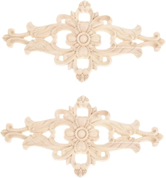 MUXSAM Wood Carved Appliques Furniture Decorative Onlays, 2Pcs Unpainted DIY Center Carving Decal for Door Wall Ceiling Cabinet Dresser Mirror Bed Mantel Bench Decoration, 27x14cm/10.63"x5.51"