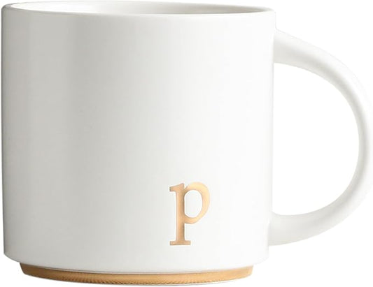 COLLECTIVE HOME - Monogram Ceramic Mugs, 15 oz Golden Initial Coffee Cups, Elegant Alphabet Tea Mugs, Elegant Personalized Mug with Gift Box, Luxurious Cups for Office and Home (p)