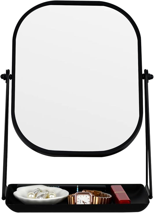 360 Degrees Rotating Metal Makeup Mirror with Storage, Vanity Mirror for Desk, Bathroom, Bedroom, Dressing Table (Black)