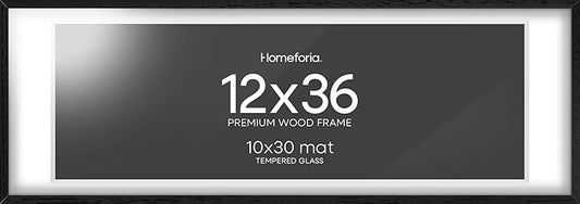 Homeforia 12x36 Black Wood Picture Frame, High End Oak 12x36 Poster Frames with Mat 10x30 Art, 12 x 36 Black Wooden Frames Matted to 10 by 30, 36x12 Panoramic Frame, Tempered Glass, Wall Kit, Set of 1