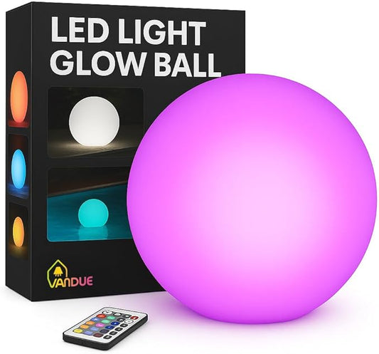 Vandue Color-Changing LED Light Ball – Rechargeable Glow Sphere with Remote – IP65 Waterproof RGB Night Light for Indoor/Outdoor, Pool, Garden, Party & Decor (12 Inch)